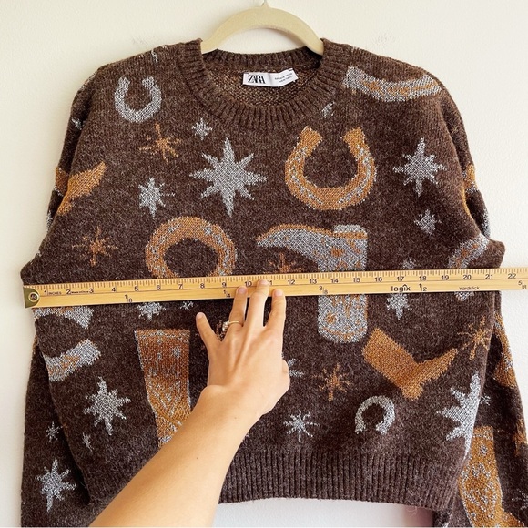 ZARA Western Cowboy Boot Nashville Horseshoe Sweater Brown Metallic Jacquard S - Picture 8 of 11